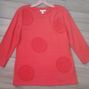 Charter Club Coral Embroidered 3/4 Sleeve Pullover.  Size PS